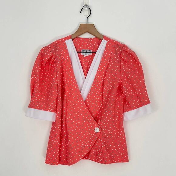 Vintage 80s Party V-Neck Wrap Pink Confetti Blouse Size Small Retro Funky - Picture 1 of 3